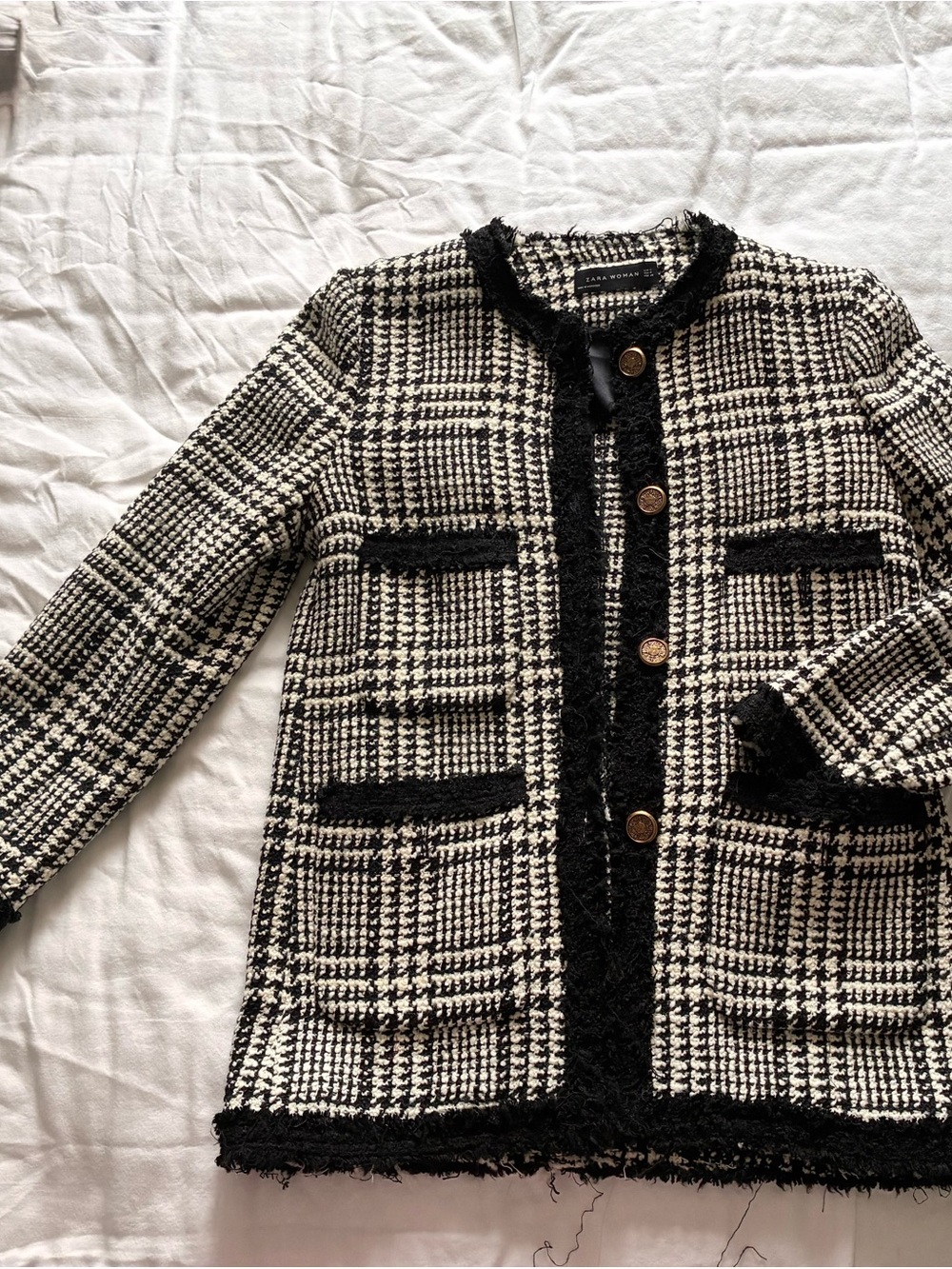 Classic ZARA Woven Black & White Tweed Blazer with Fringe Trim